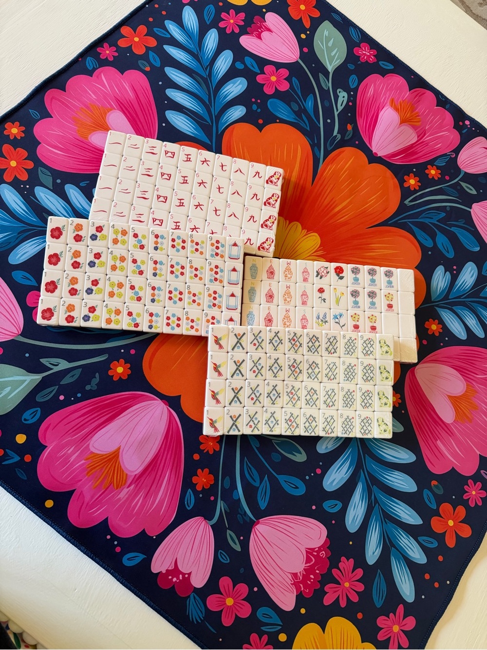Colorful Orange Floral Mahjong Set on Navy Mat